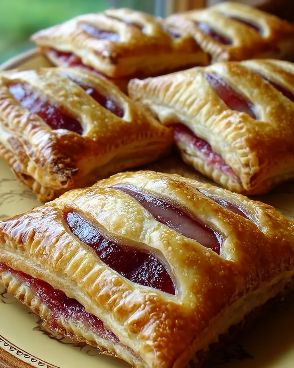 Golden, flaky Rhubarb Puff-Tart Pockets with a glossy finish, oozing tart rhubarb filling, served on a parchment-lined tray. 