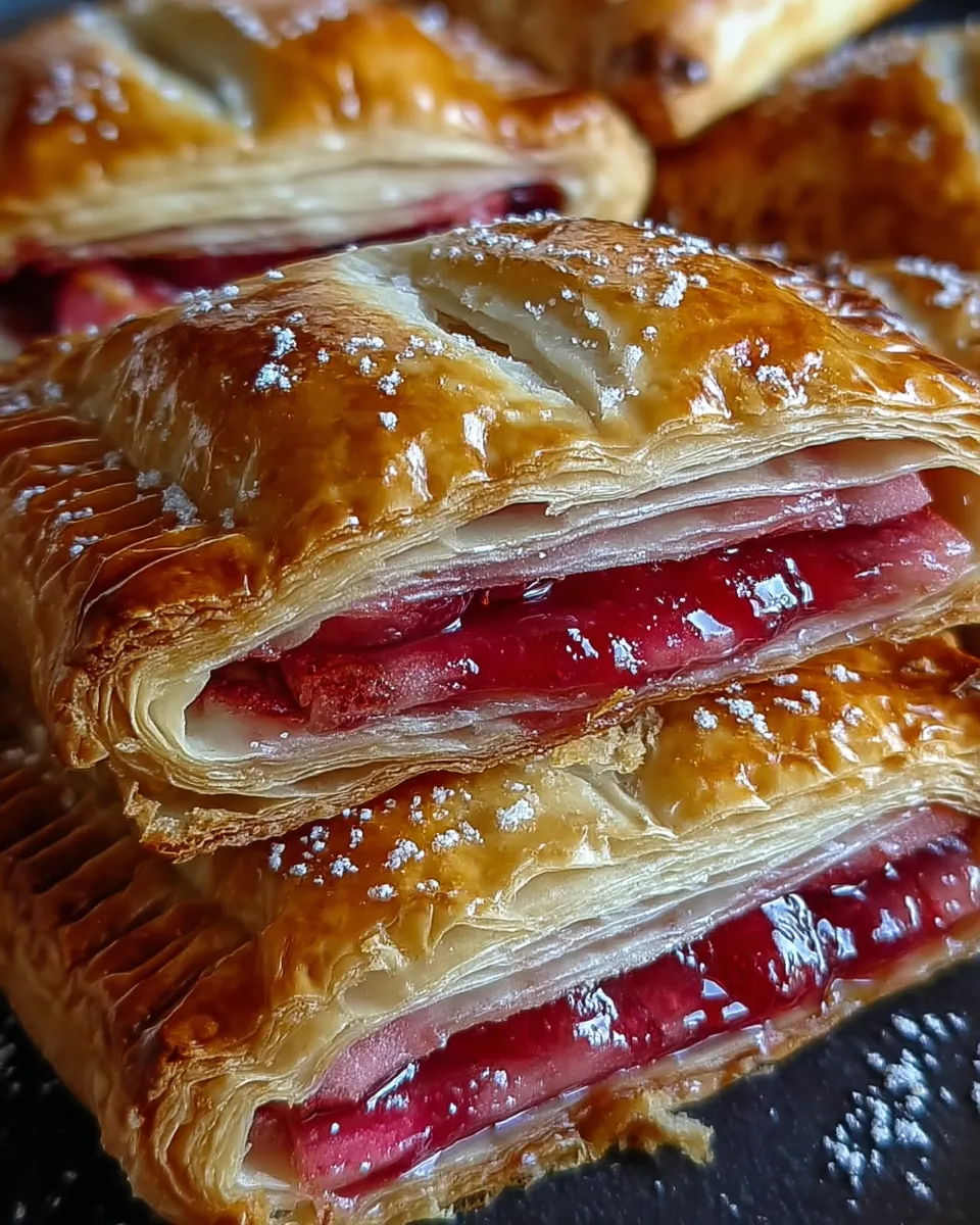Golden, flaky Rhubarb Puff-Tart Pockets with a glossy finish, oozing tart rhubarb filling, served on a parchment-lined tray. 
