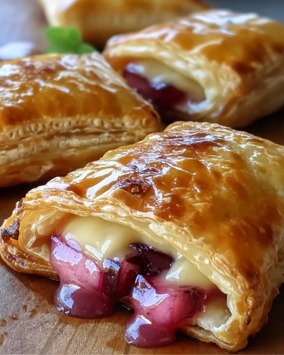 Golden, flaky Rhubarb Puff-Tart Pockets with a glossy finish, oozing tart rhubarb filling, served on a parchment-lined tray.