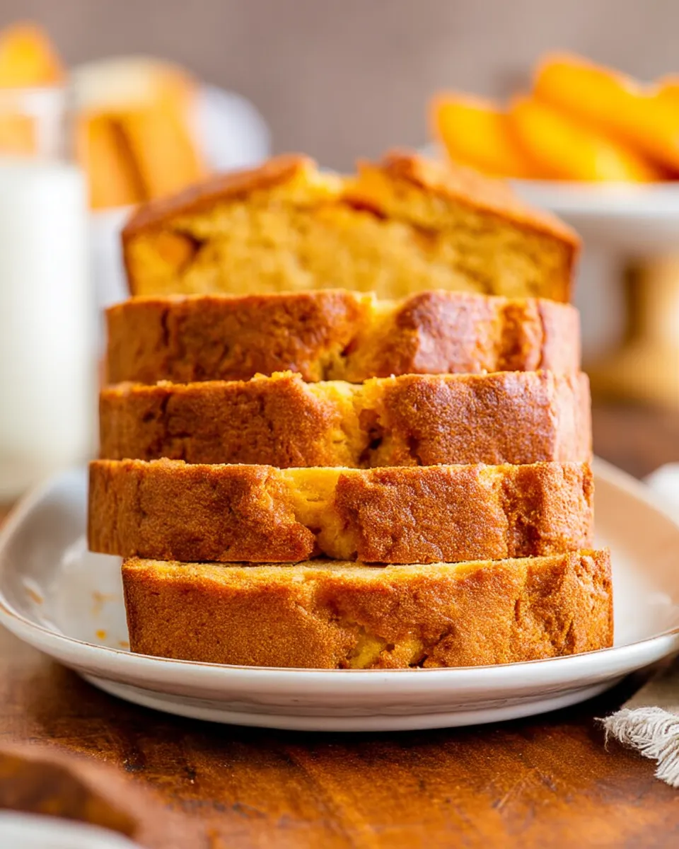 Moist homemade peach bread with chunks of fresh peaches, golden crust, and a drizzle of glaze, sliced and served on a wooden cutting board.