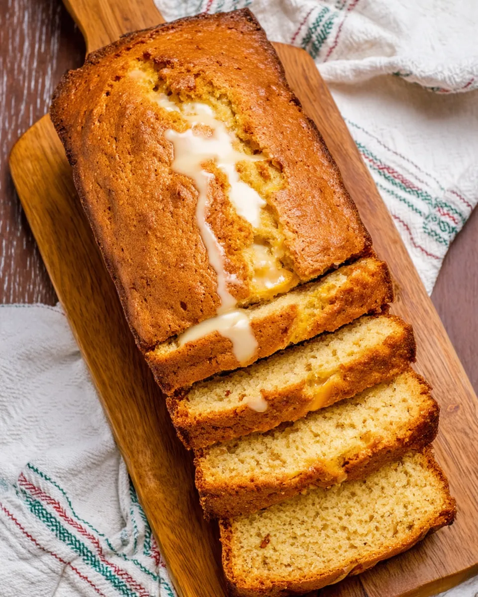 Moist homemade peach bread with chunks of fresh peaches, golden crust, and a drizzle of glaze, sliced and served on a wooden cutting board.