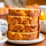 Moist homemade peach bread with chunks of fresh peaches, golden crust, and a drizzle of glaze, sliced and served on a wooden cutting board.