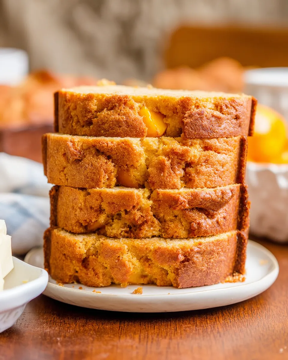 Moist homemade peach bread with chunks of fresh peaches, golden crust, and a drizzle of glaze, sliced and served on a wooden cutting board.