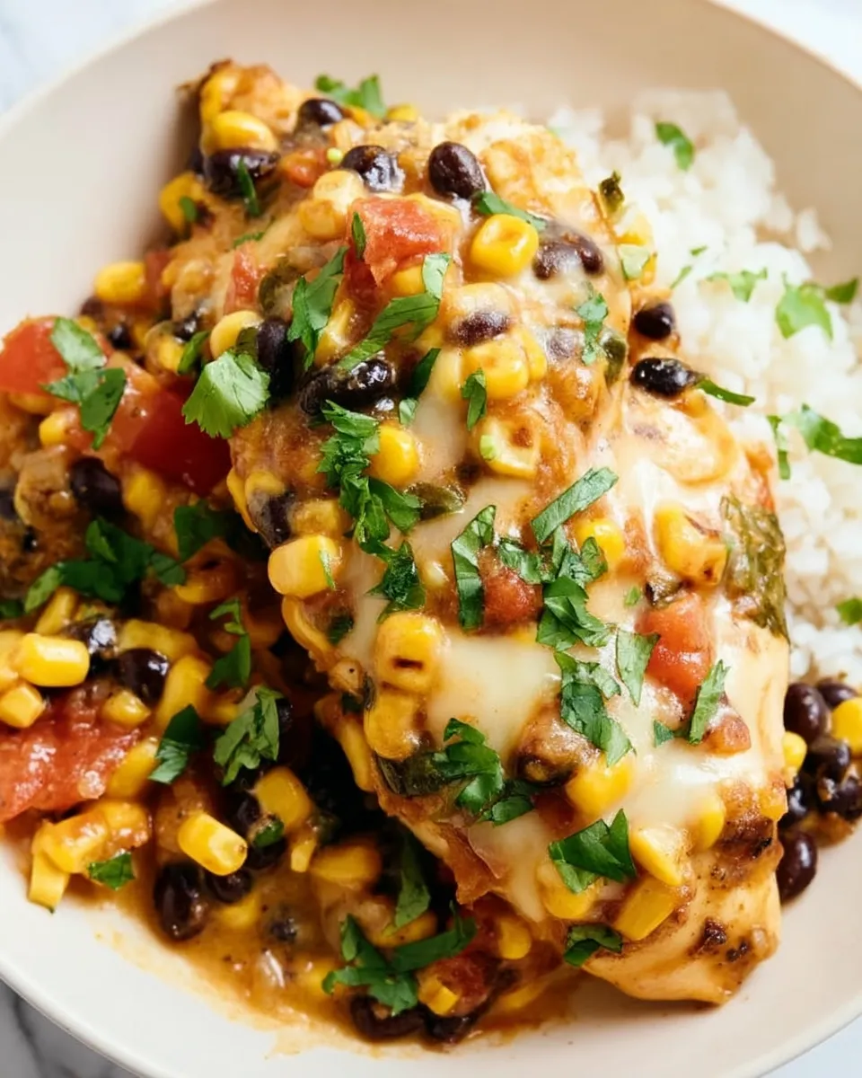 Santa Fe Chicken Skillet topped with melted cheese, corn, black beans, and cilantro in a cast iron pan