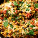 Santa Fe Chicken Skillet topped with melted cheese, corn, black beans, and cilantro in a cast iron pan