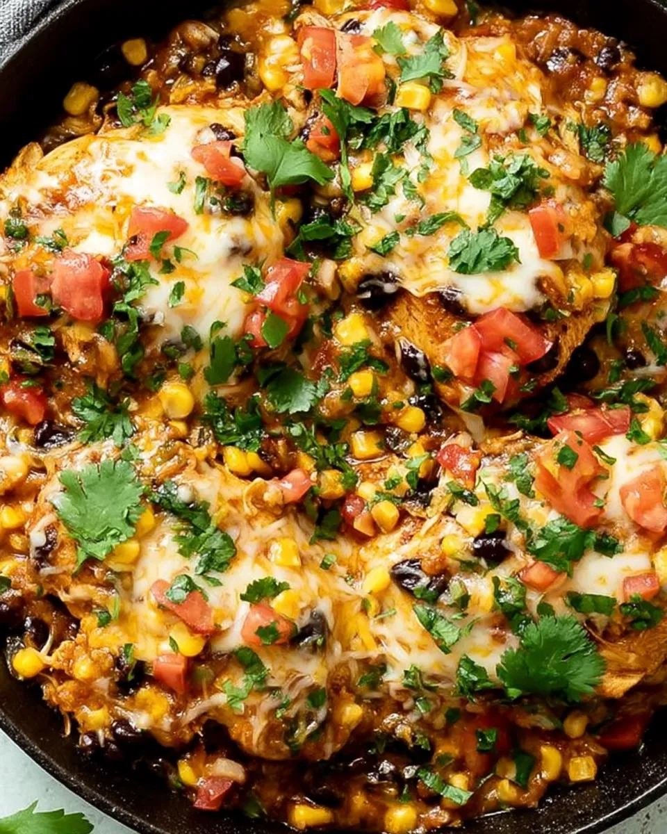 Santa Fe Chicken Skillet topped with melted cheese, corn, black beans, and cilantro in a cast iron pan
