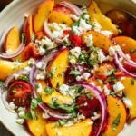 A refreshing peach feta salad served on a white plate, featuring juicy peach slices, crumbled feta cheese, fresh arugula, red onions, and a drizzle of balsamic glaze.