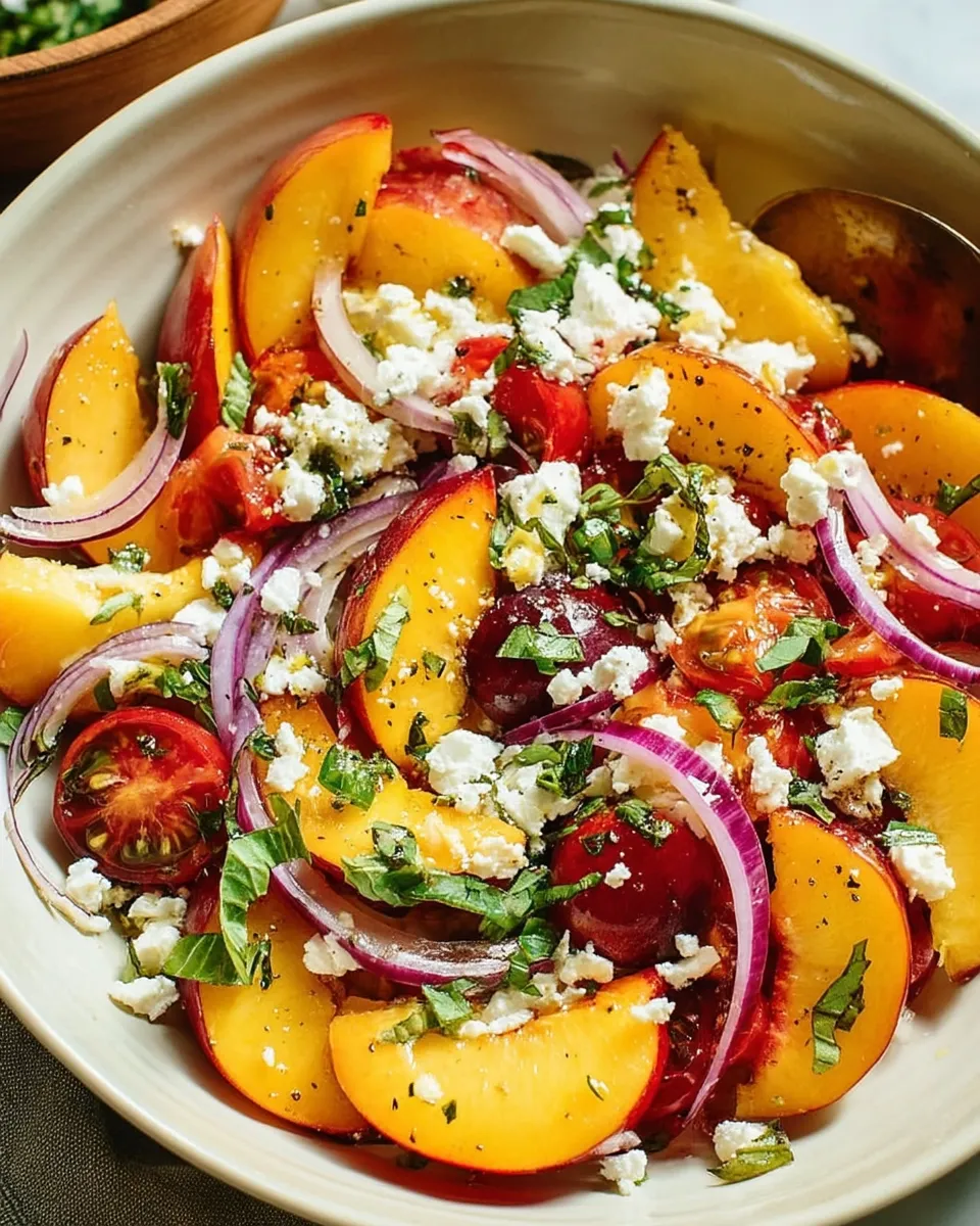 A refreshing peach feta salad served on a white plate, featuring juicy peach slices, crumbled feta cheese, fresh arugula, red onions, and a drizzle of balsamic glaze.