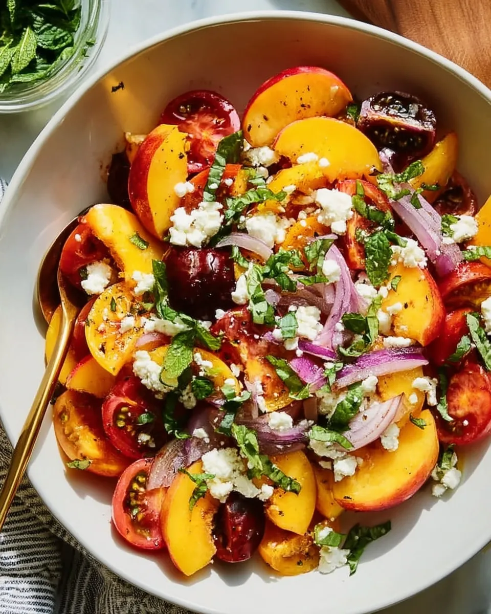 A refreshing peach feta salad served on a white plate, featuring juicy peach slices, crumbled feta cheese, fresh arugula, red onions, and a drizzle of balsamic glaze.