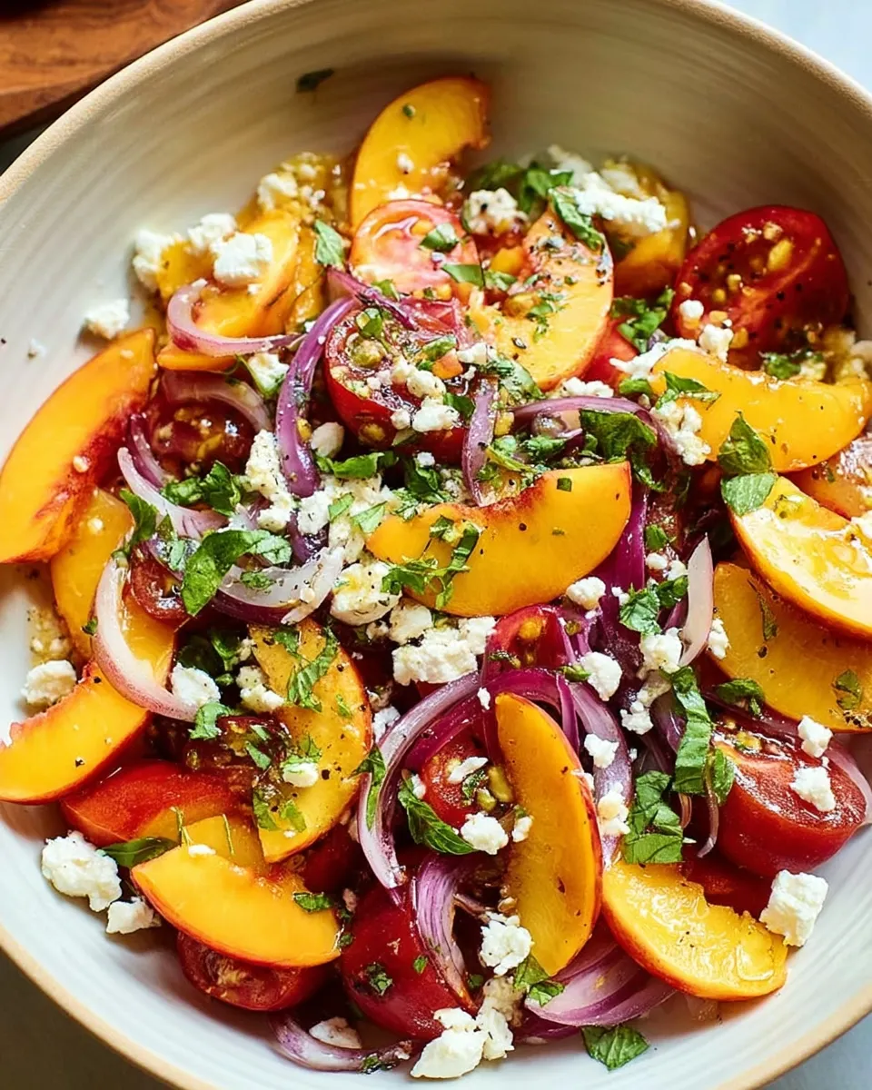 A refreshing peach feta salad served on a white plate, featuring juicy peach slices, crumbled feta cheese, fresh arugula, red onions, and a drizzle of balsamic glaze.