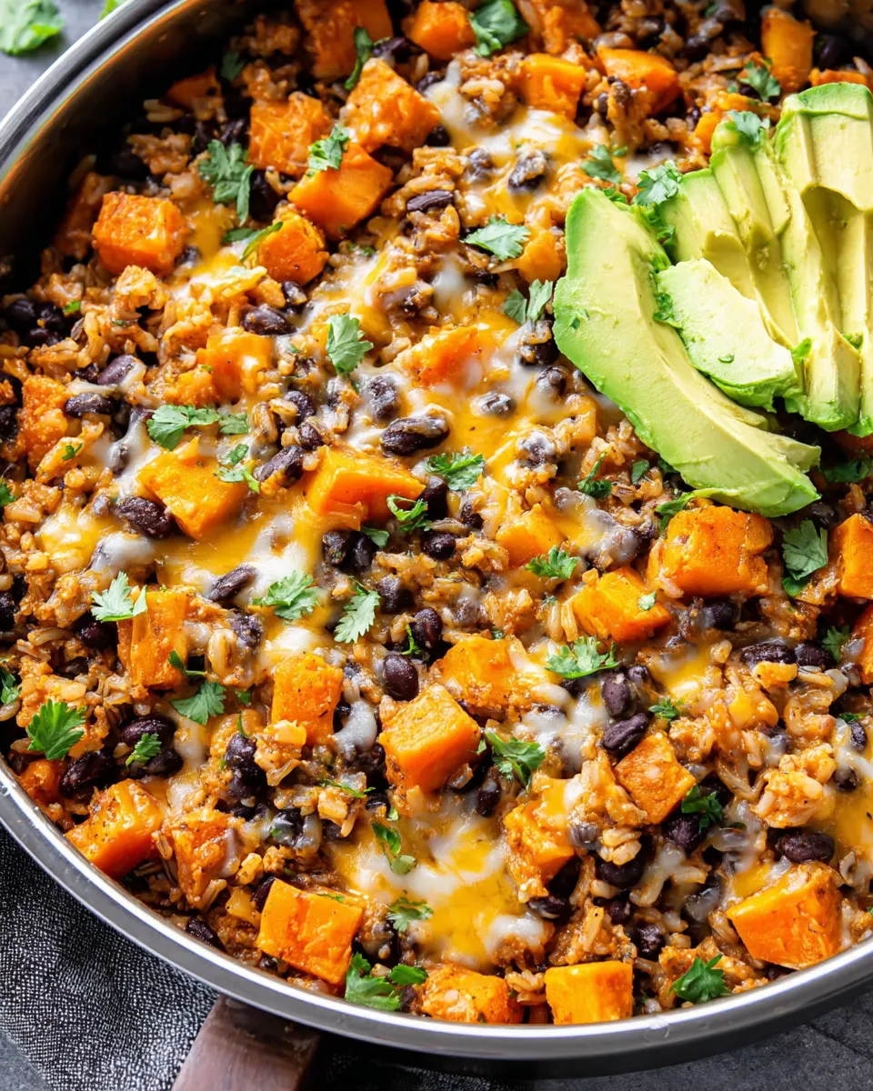 Southwest Sweet Potato, Black Bean, and Rice Skillet with corn and avocado garnish