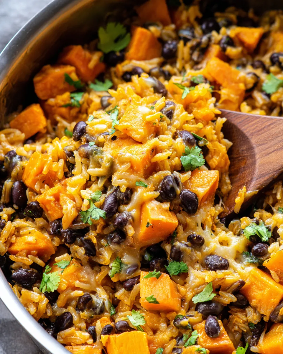 Southwest Sweet Potato, Black Bean, and Rice Skillet with corn and avocado garnish