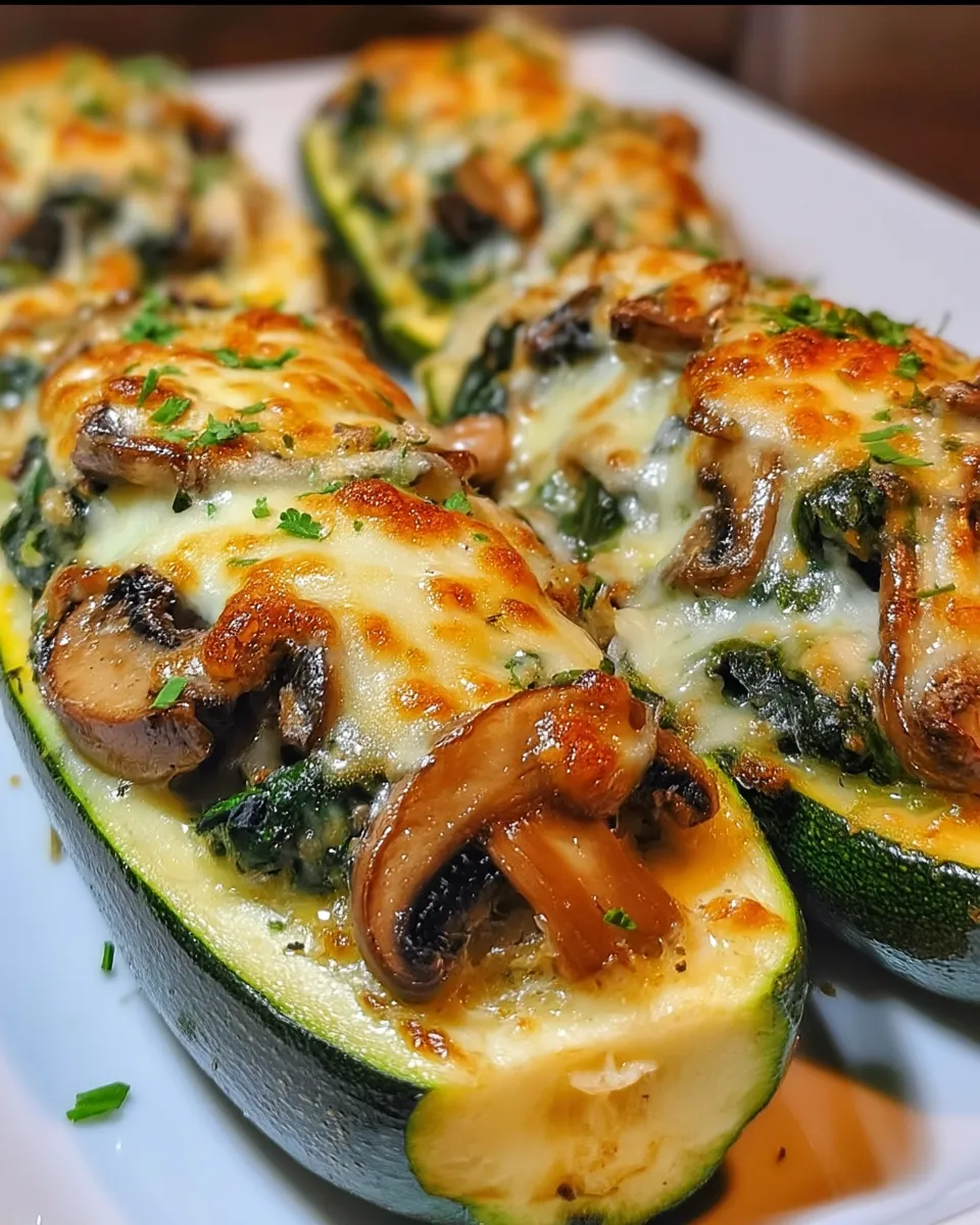 Zucchini boats stuffed with spinach, mushrooms, and ricotta, baked until golden