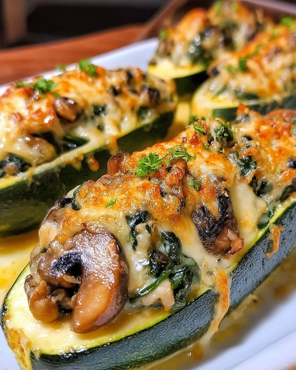 Zucchini boats stuffed with spinach, mushrooms, and ricotta, baked until golden