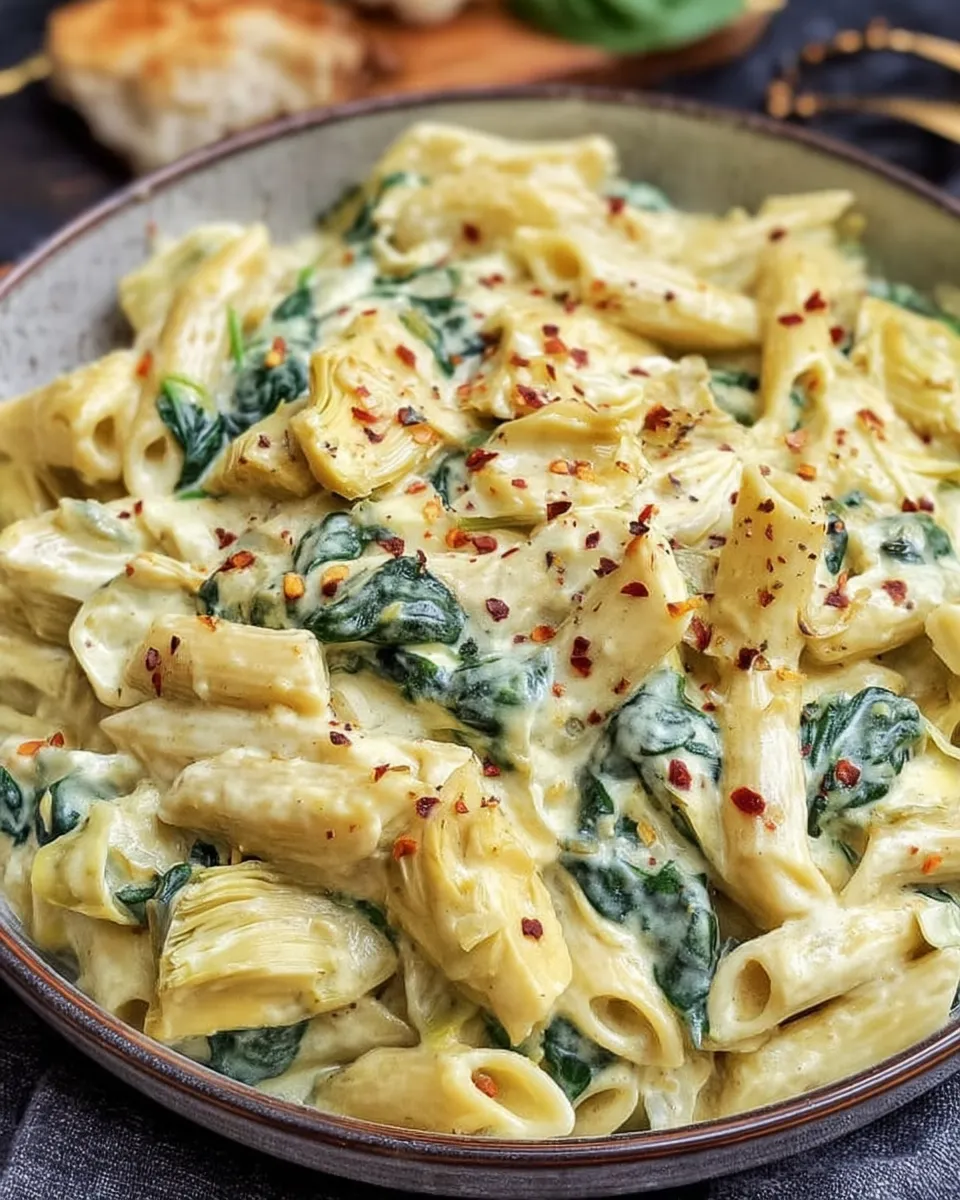 A creamy bowl of spinach artichoke pasta garnished with grated Parmesan, served in a white ceramic bowl on a rustic wooden table.