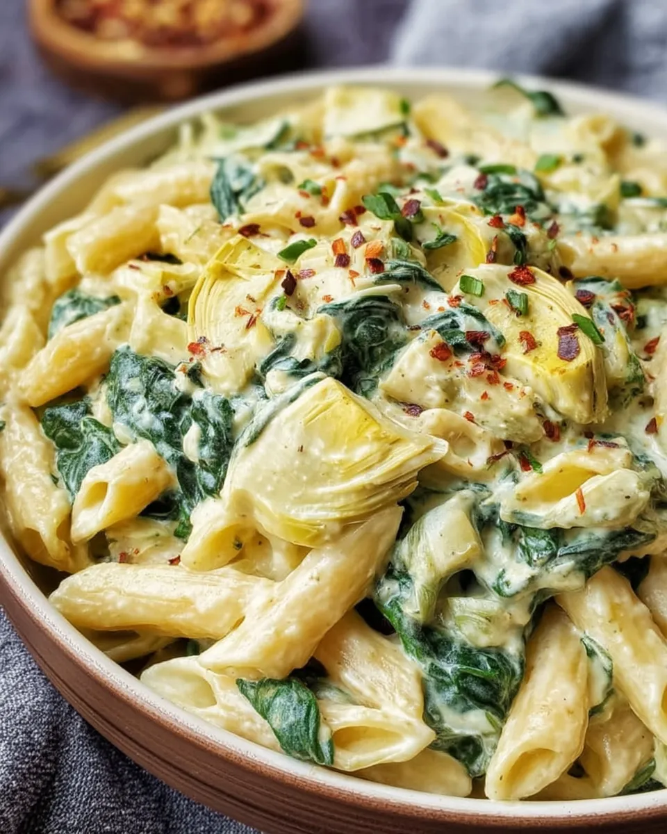 A creamy bowl of spinach artichoke pasta garnished with grated Parmesan, served in a white ceramic bowl on a rustic wooden table.