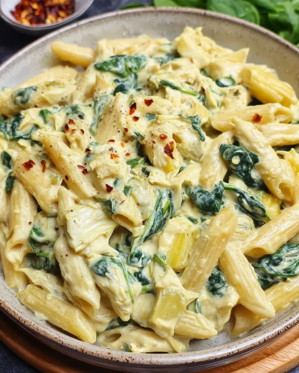 A creamy bowl of spinach artichoke pasta garnished with grated Parmesan, served in a white ceramic bowl on a rustic wooden table.