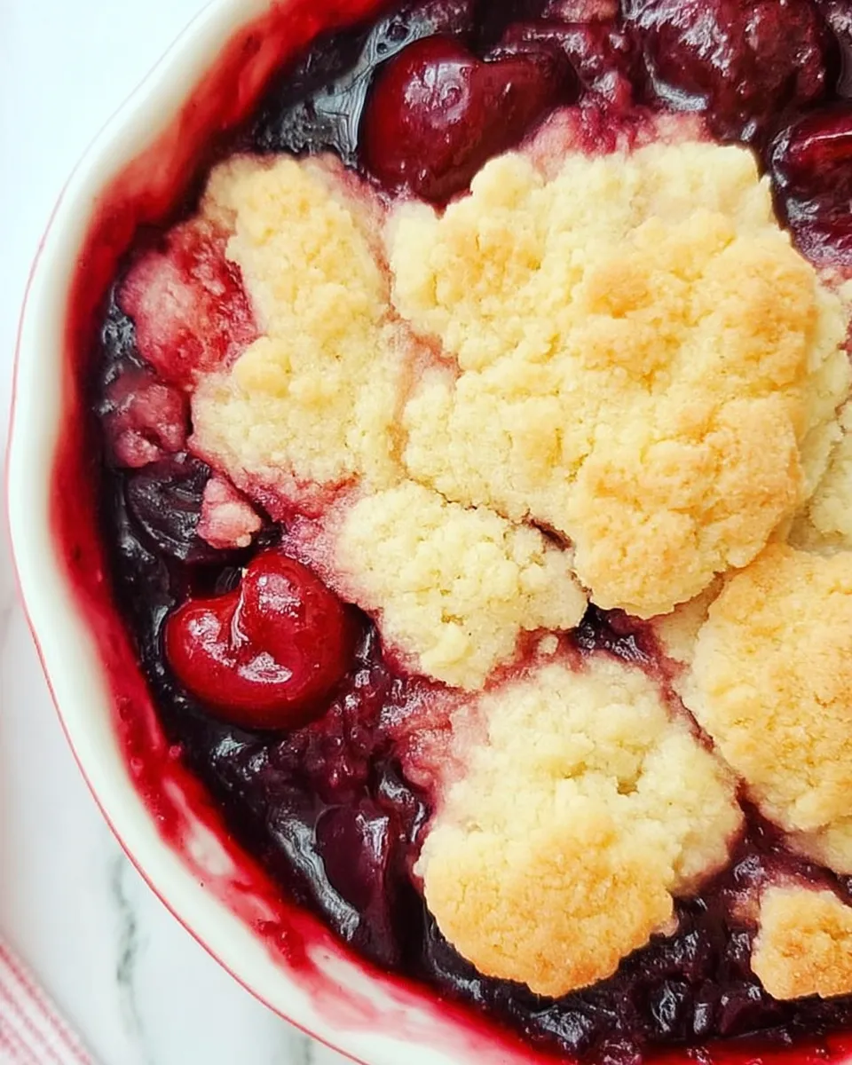 Golden, bubbly sweet cherry cobbler in a baking dish with juicy cherries peeking through the biscuit topping, served warm with a scoop of vanilla ice cream.