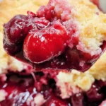 Golden, bubbly sweet cherry cobbler in a baking dish with juicy cherries peeking through the biscuit topping, served warm with a scoop of vanilla ice cream.