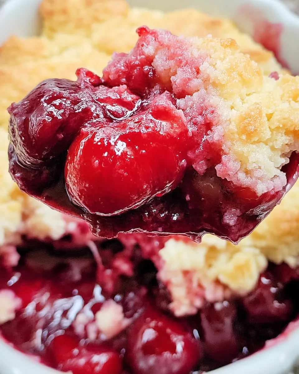 Golden, bubbly sweet cherry cobbler in a baking dish with juicy cherries peeking through the biscuit topping, served warm with a scoop of vanilla ice cream.