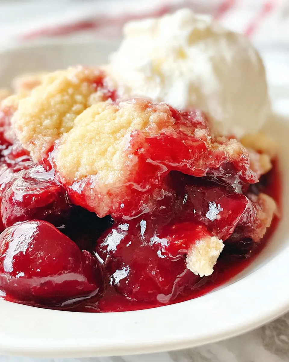 Golden, bubbly sweet cherry cobbler in a baking dish with juicy cherries peeking through the biscuit topping, served warm with a scoop of vanilla ice cream.