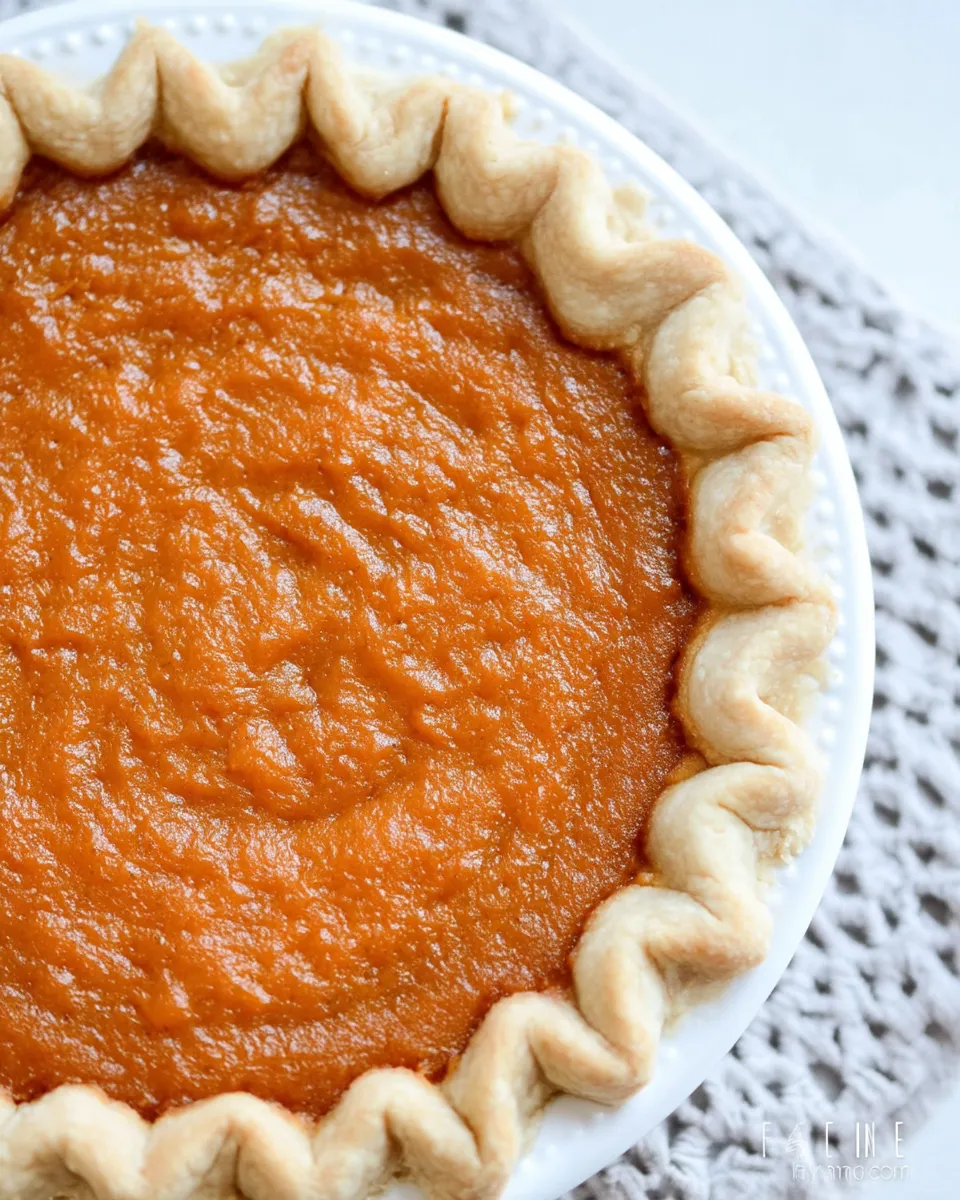 Golden brown sweet potato pie with creamy spiced filling on a rustic pie plate, perfect for holidays.