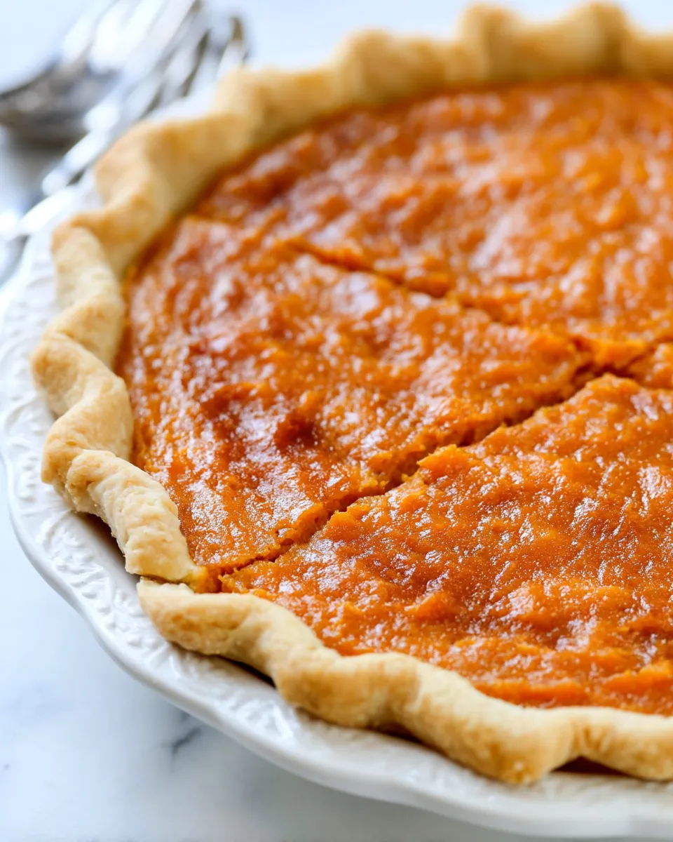 Golden brown sweet potato pie with creamy spiced filling on a rustic pie plate, perfect for holidays.