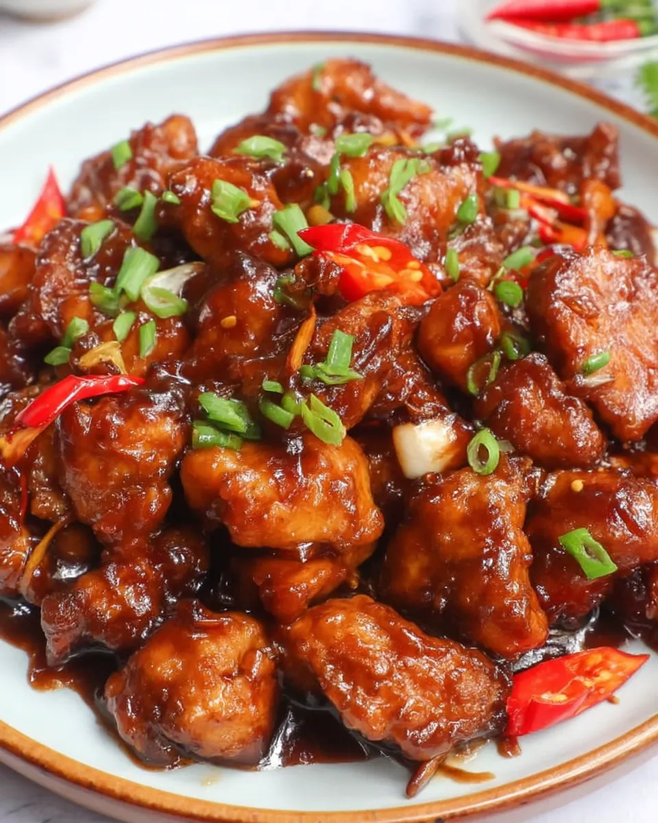 Sticky sweet savory Mongolian chicken served with sesame seeds and green onions