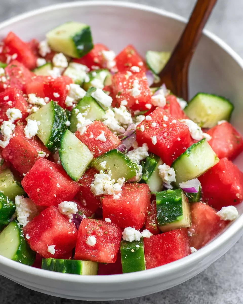 A vibrant summer salad featuring juicy watermelon cubes, crisp cucumber slices, crumbled feta cheese, and fresh mint, served in a white bowl.