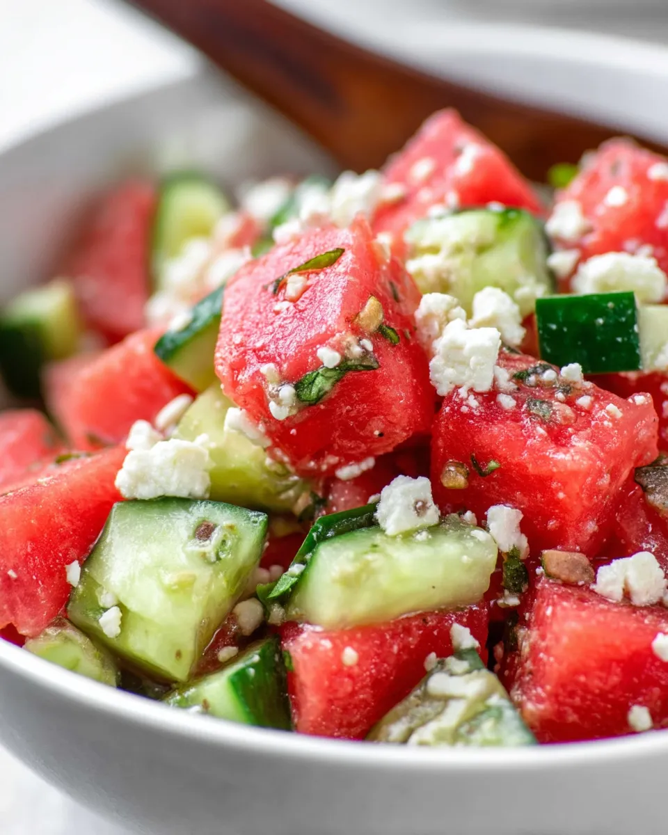 A vibrant summer salad featuring juicy watermelon cubes, crisp cucumber slices, crumbled feta cheese, and fresh mint, served in a white bowl.