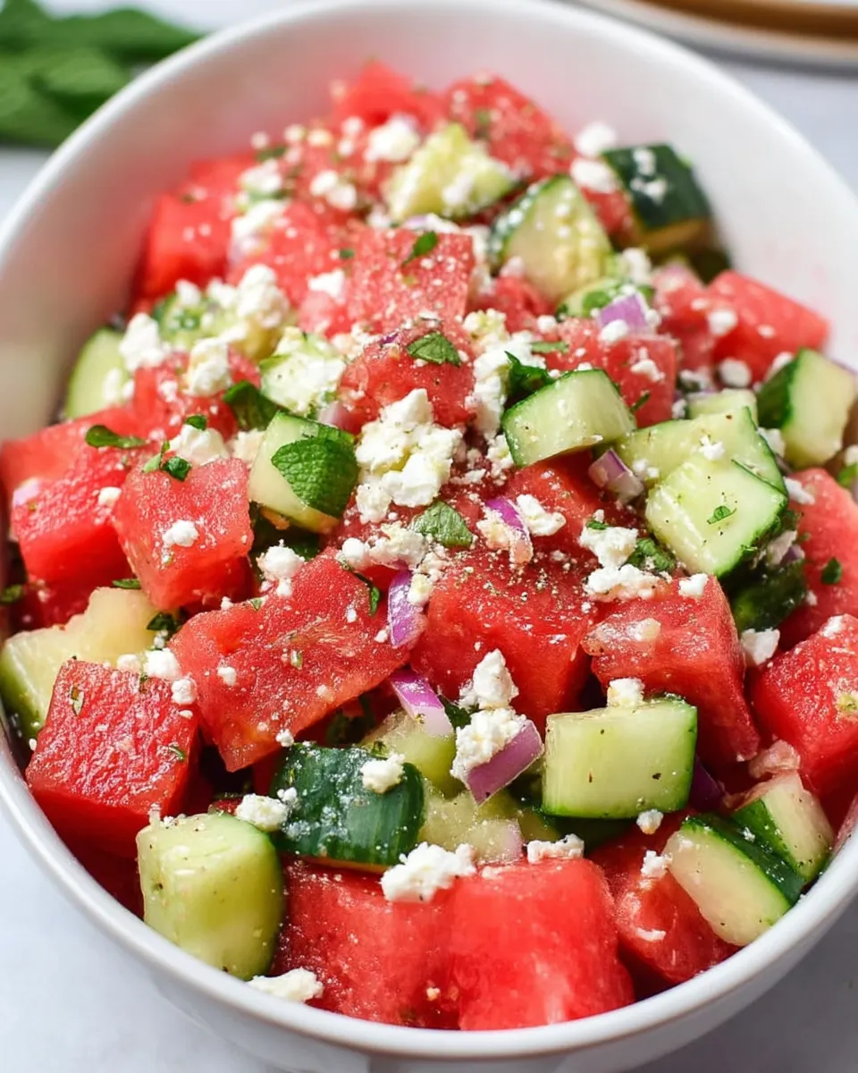 A vibrant summer salad featuring juicy watermelon cubes, crisp cucumber slices, crumbled feta cheese, and fresh mint, served in a white bowl.