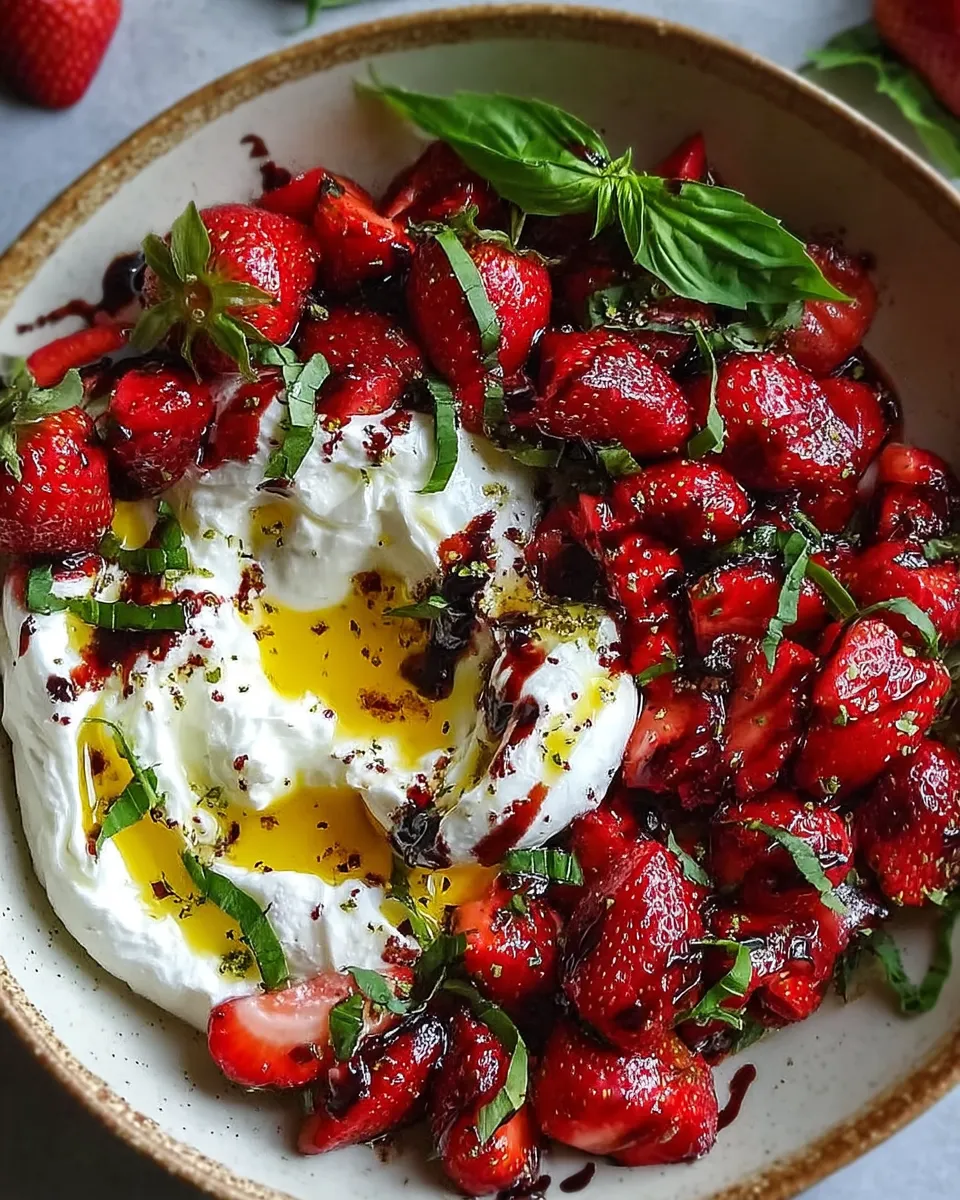 Whipped feta dip with roasted balsamic strawberries on toasted bread.