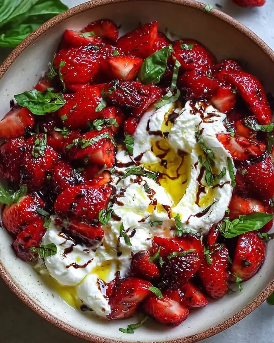 Whipped feta dip with roasted balsamic strawberries on toasted bread.