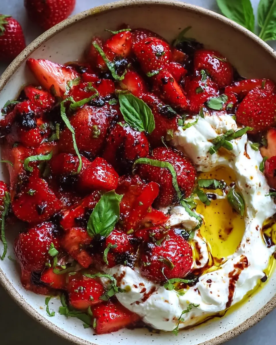 Whipped feta dip with roasted balsamic strawberries on toasted bread.