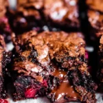 A stack of rich chocolate brownies with swirls of rhubarb baked in, showing a moist, fudgy texture and a vibrant pop of pink from the rhubarb pieces.