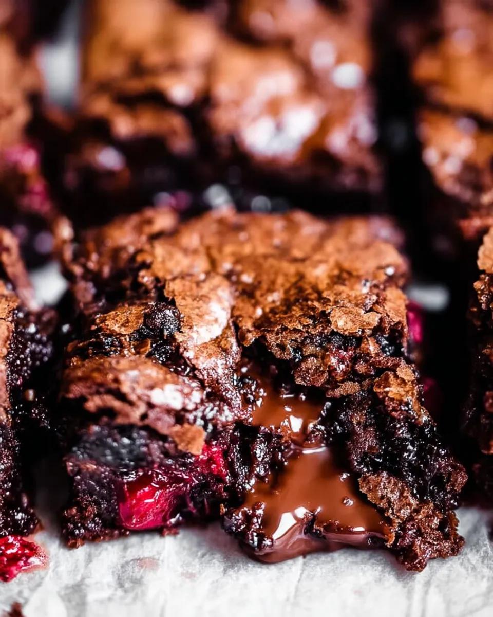 A stack of rich chocolate brownies with swirls of rhubarb baked in, showing a moist, fudgy texture and a vibrant pop of pink from the rhubarb pieces.