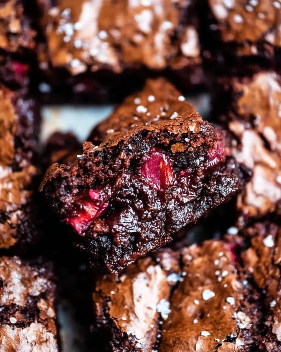 A stack of rich chocolate brownies with swirls of rhubarb baked in, showing a moist, fudgy texture and a vibrant pop of pink from the rhubarb pieces.