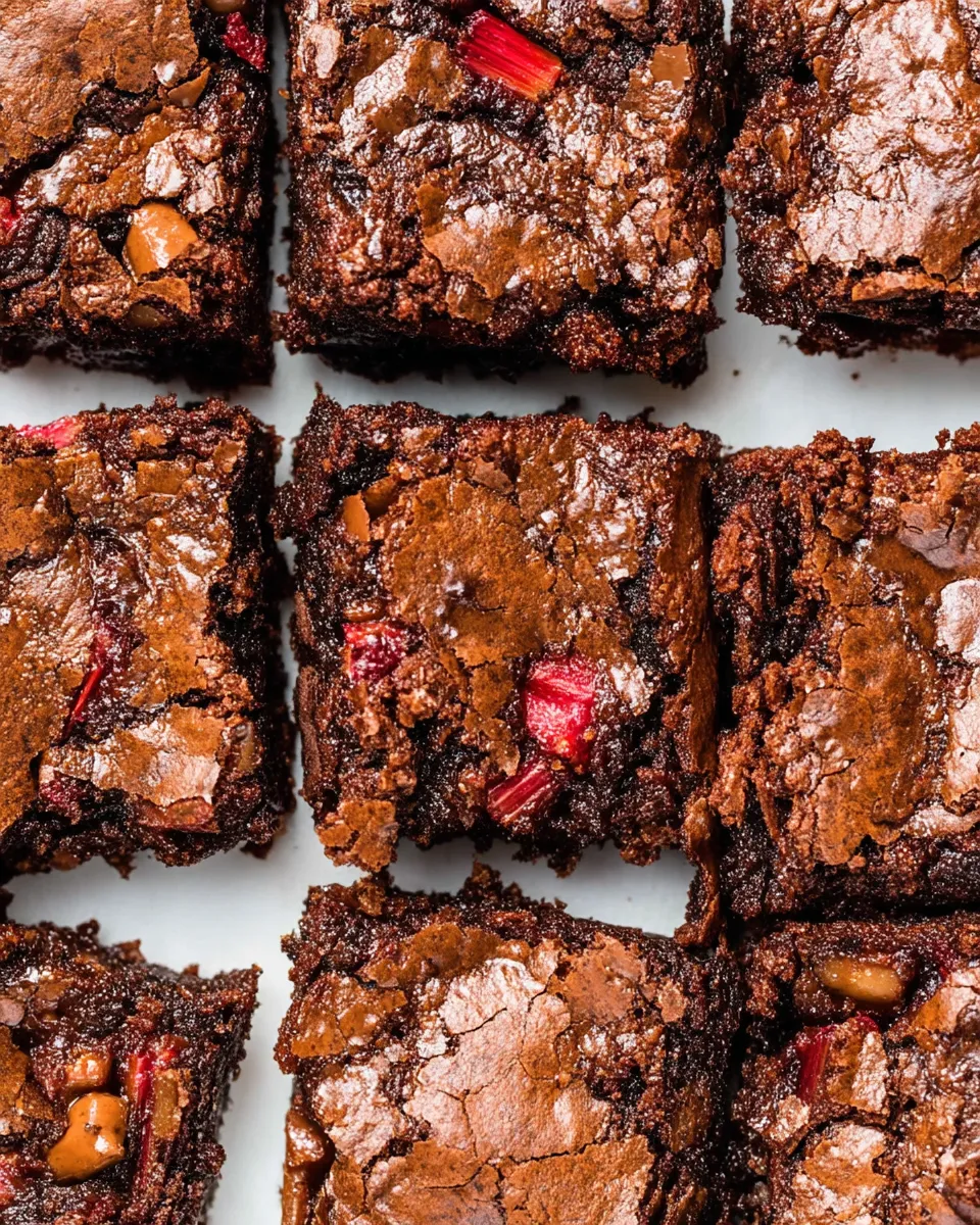 A stack of rich chocolate brownies with swirls of rhubarb baked in, showing a moist, fudgy texture and a vibrant pop of pink from the rhubarb pieces.