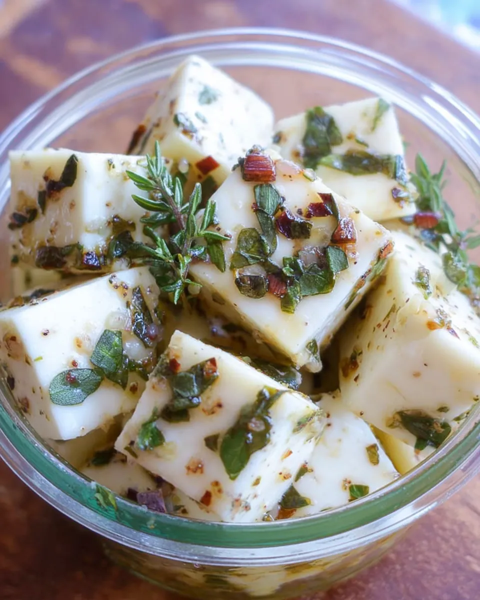 Marinated cheese cubes with herbs and oil in a glass jar
