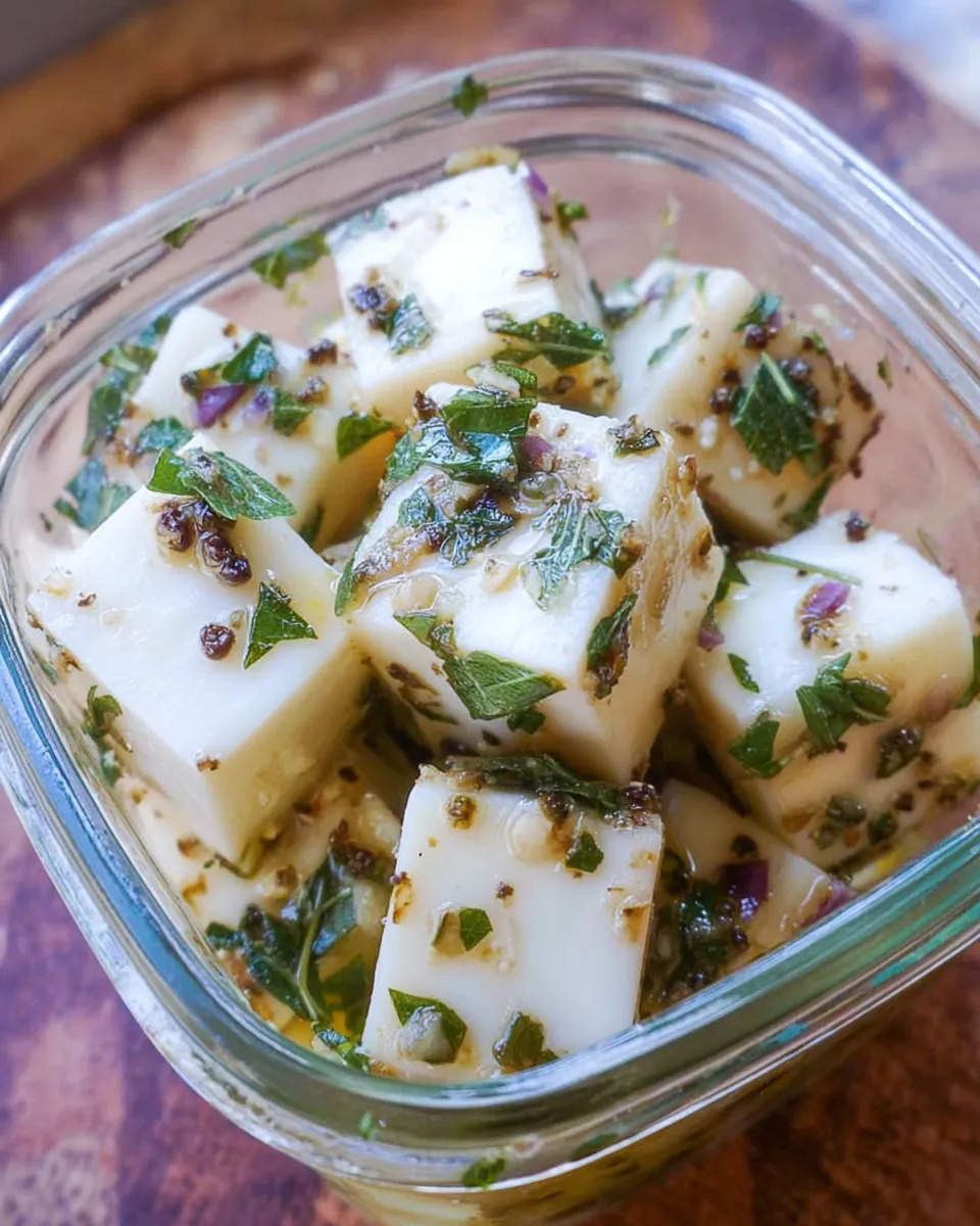 Marinated cheese cubes with herbs and oil in a glass jar