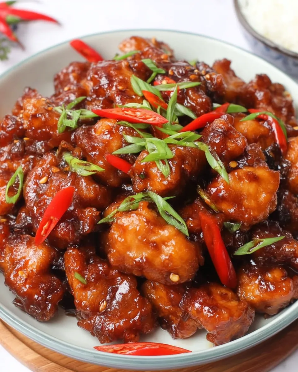 Sticky sweet savory Mongolian chicken served with sesame seeds and green onions