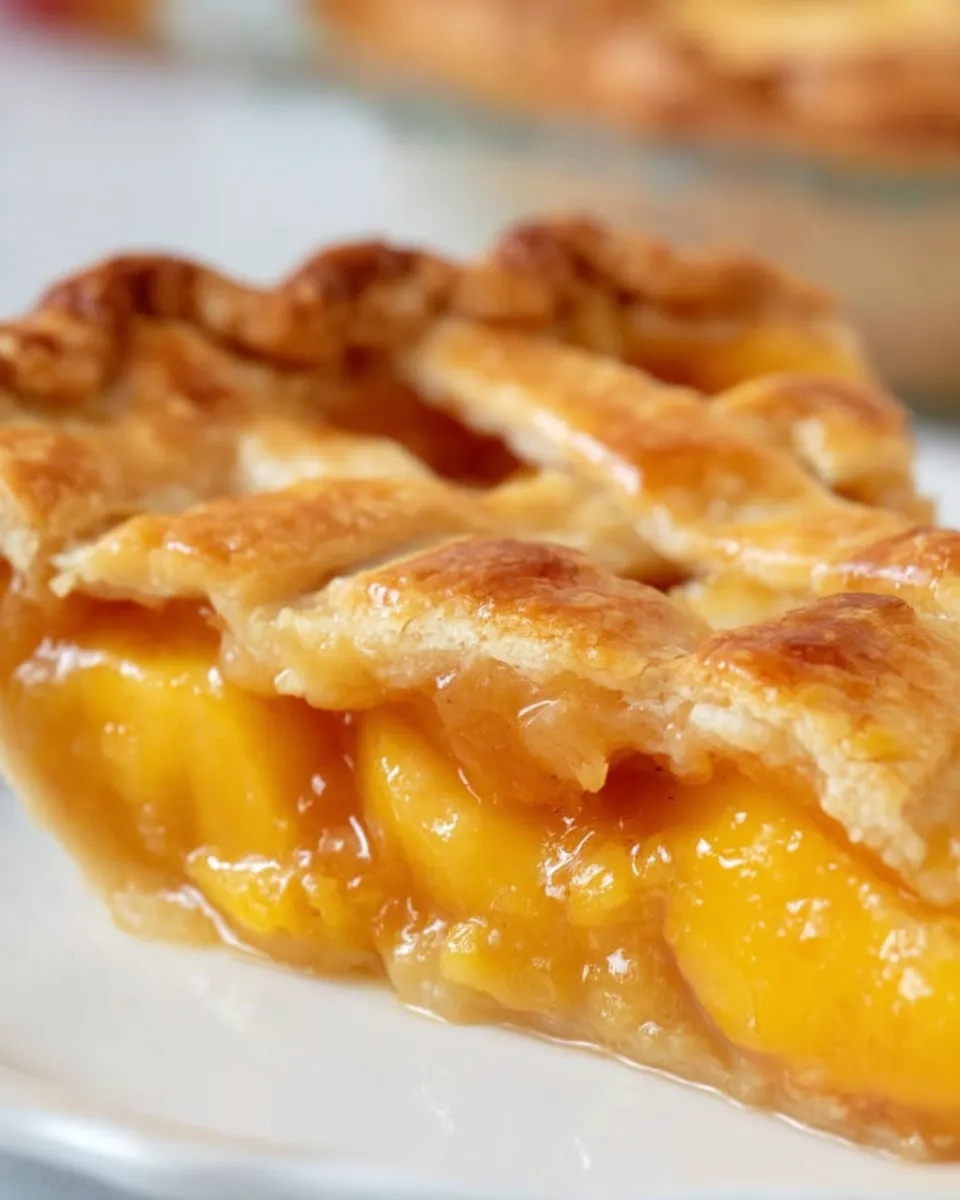 A golden, flaky homemade peach pie with a lattice crust, filled with juicy peach slices and bubbling syrup, fresh out of the oven.