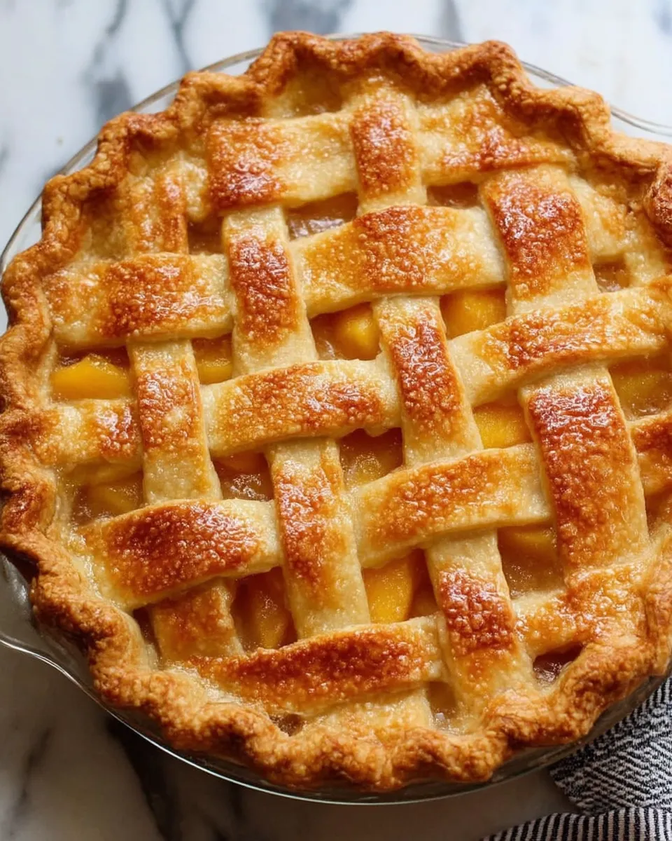 A golden, flaky homemade peach pie with a lattice crust, filled with juicy peach slices and bubbling syrup, fresh out of the oven.