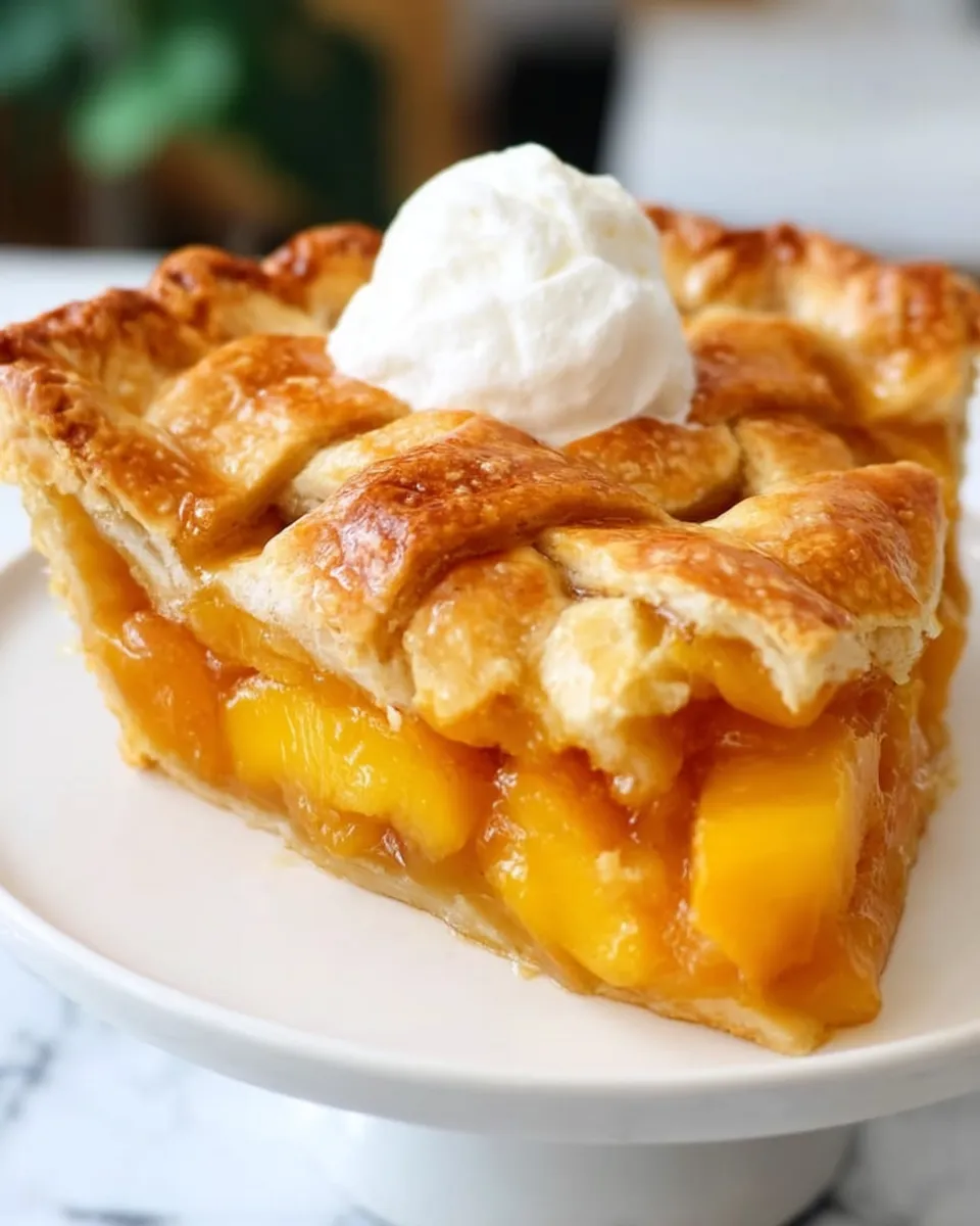 A golden, flaky homemade peach pie with a lattice crust, filled with juicy peach slices and bubbling syrup, fresh out of the oven.