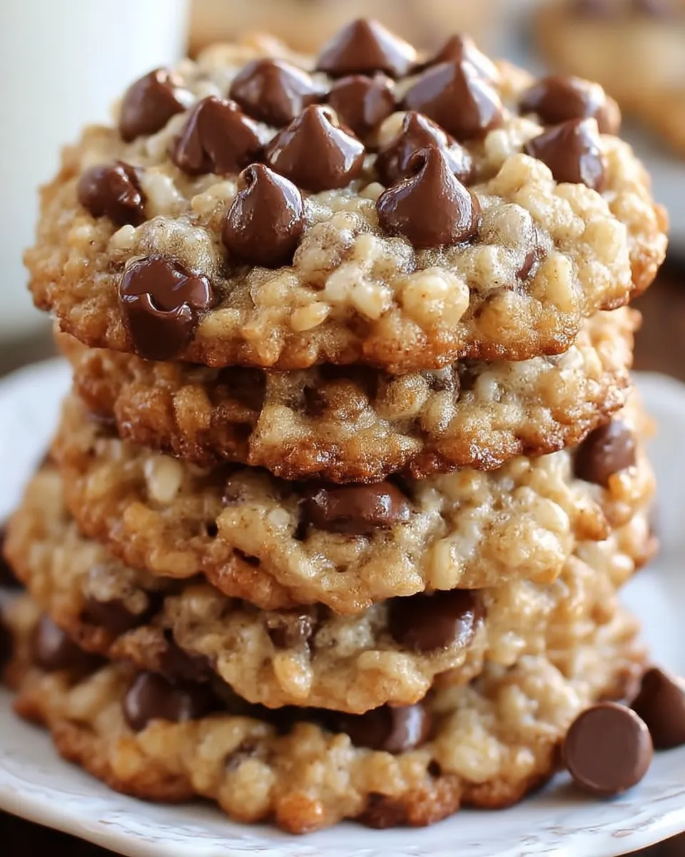 Close-up of golden-brown Rice Krispie Chocolate Chip Cookies with a crispy texture and gooey chocolate chips on a white plate.