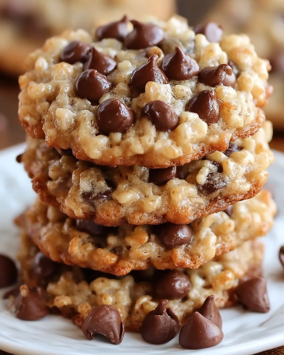 Close-up of golden-brown Rice Krispie Chocolate Chip Cookies with a crispy texture and gooey chocolate chips on a white plate.
