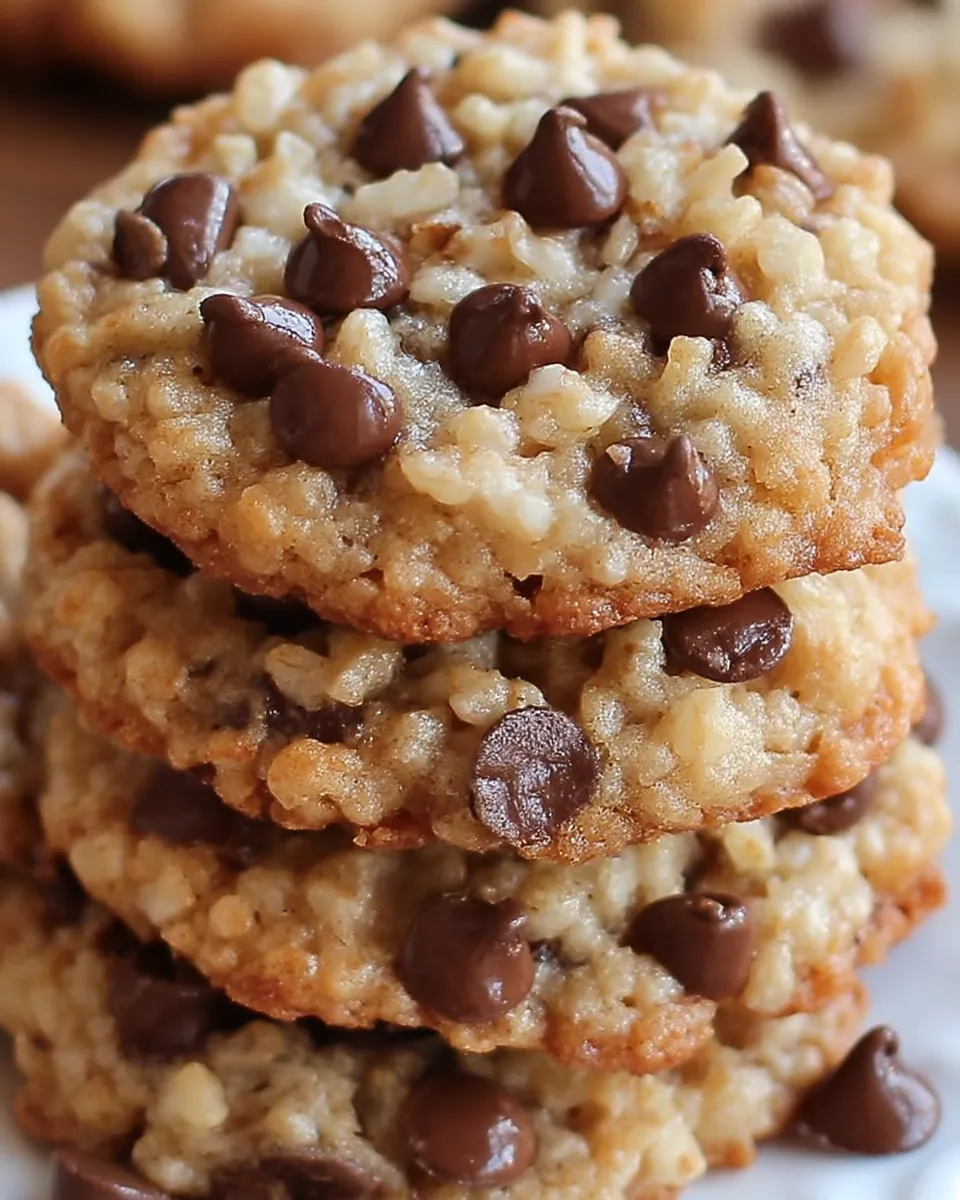 Close-up of golden-brown Rice Krispie Chocolate Chip Cookies with a crispy texture and gooey chocolate chips on a white plate.