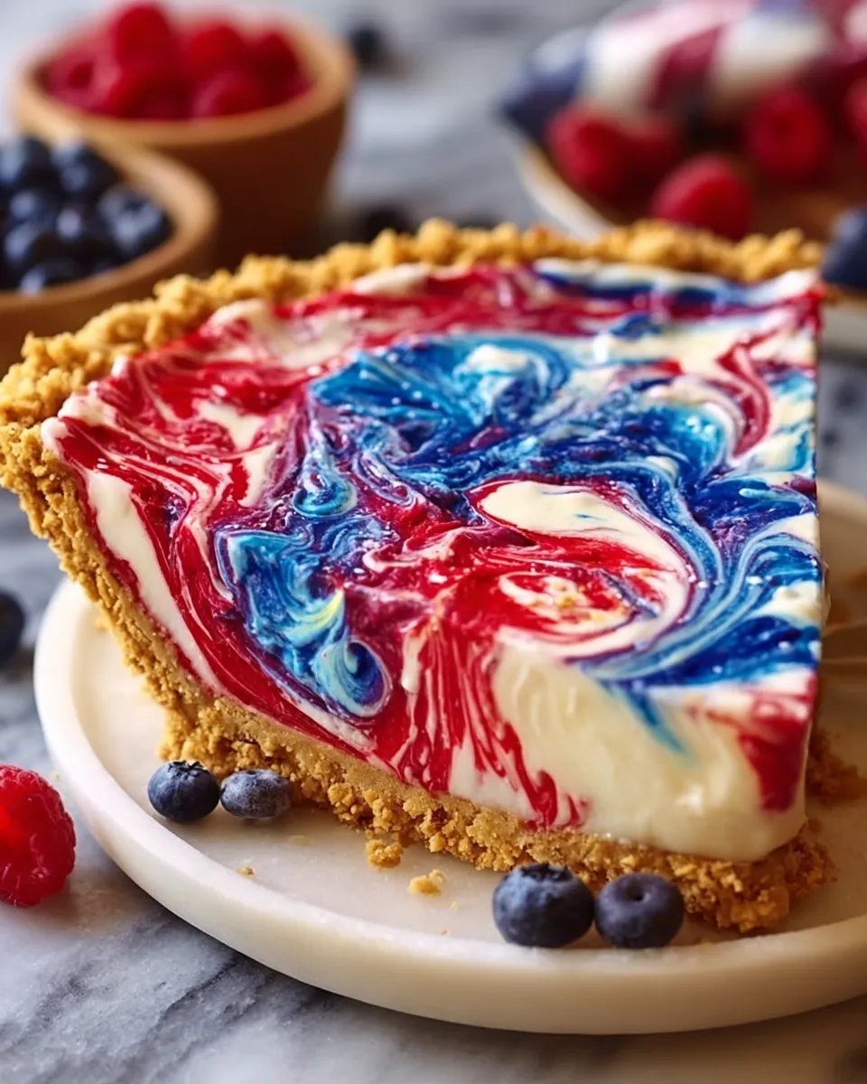 Red, white, and blue swirl pie with creamy layers and fresh berries on a white plate