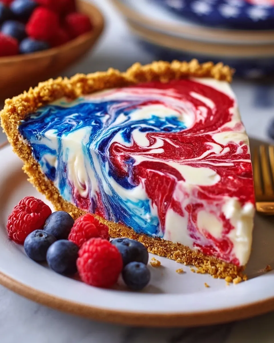 Red, white, and blue swirl pie with creamy layers and fresh berries on a white plate