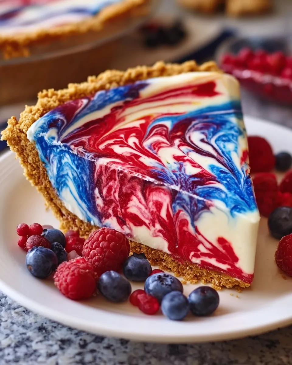 Red, white, and blue swirl pie with creamy layers and fresh berries on a white plate
